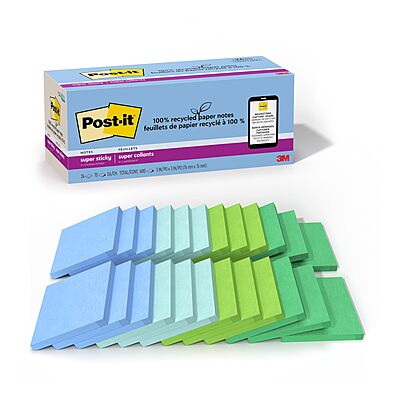 Post-it 100% Recycled Paper Super Sticky Notes, 3 in. x 3 in., 24 Pads/Pack, 70 Sheets/Pad