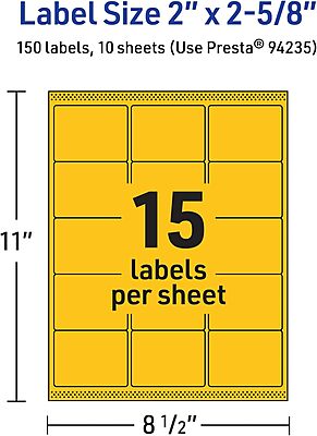 AVERY Printable Rectangle Labels, Sure Feed Technology, 2" x 2-5/8", Bright Yellow