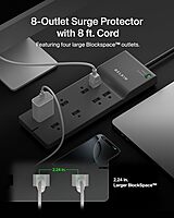 Belkin 8-Outlet Surge Protector w/ 8 AC Outlets & 8ft Long Flat Plug, UL-listed Heavy-Duty Extension Cord for Home, Office