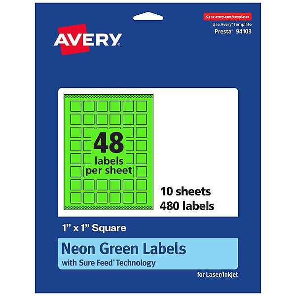 Avery Printable Square Labels, Sure Feed Technology, 1" x 1", Neon Green, Print-to-the-Edge, Laser/Inkjet Printable