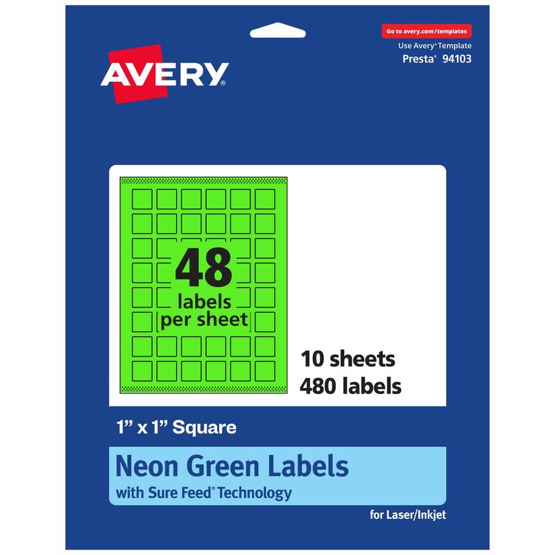 Avery Printable Square Labels, Sure Feed Technology, 1" x 1", Neon Green, Print-to-the-Edge, Laser/Inkjet Printable