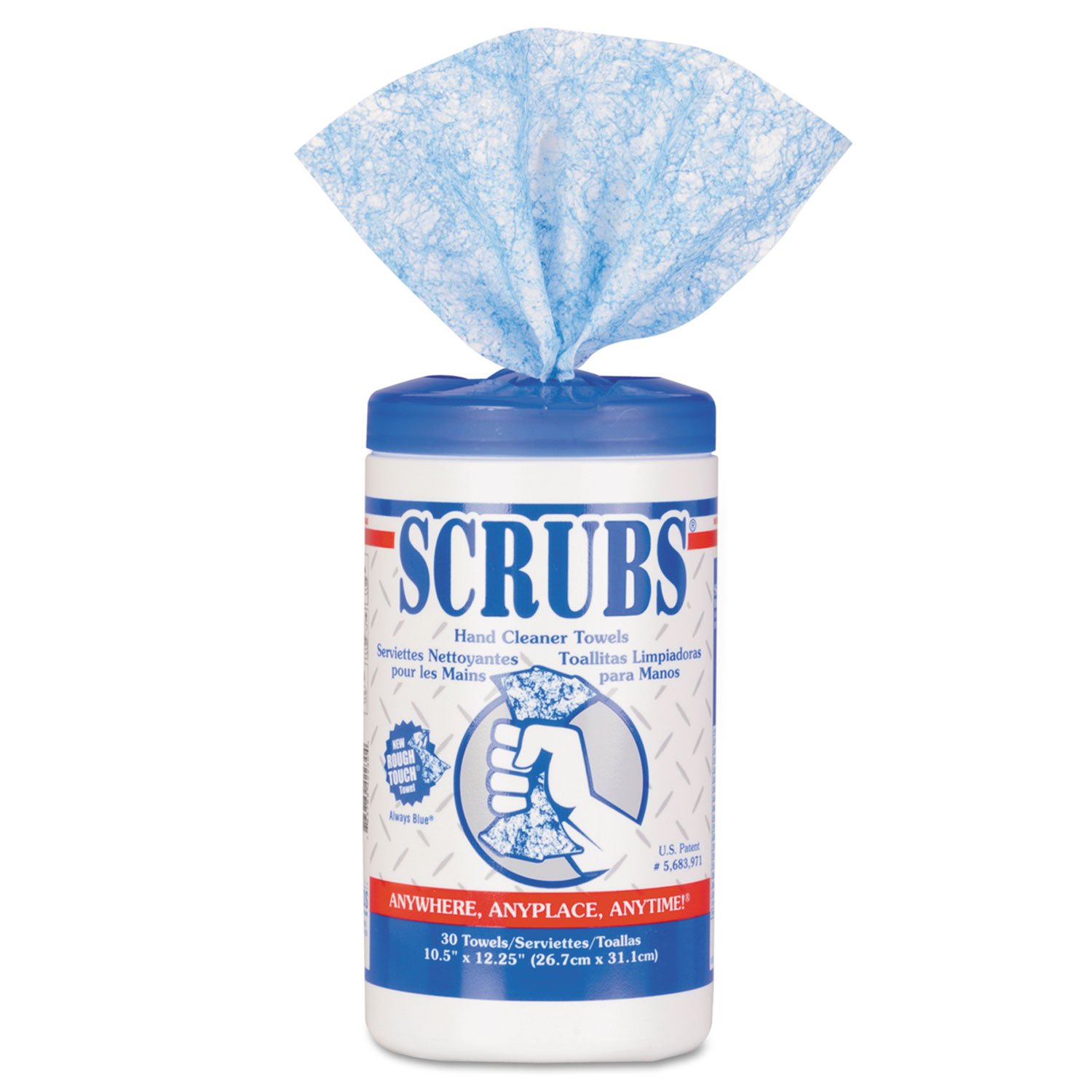 ITW Pro Brands Scrubs 42230 Hand Cleaner Towels, 10 x 12, Blue/White, 30/Canister