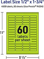 AVERY Printable Rectangle Labels, Sure Feed Technology, 1/2" x 1-3/4", Bright Green, Print-to-The-Edge, Laser/Inkjet Compatible
