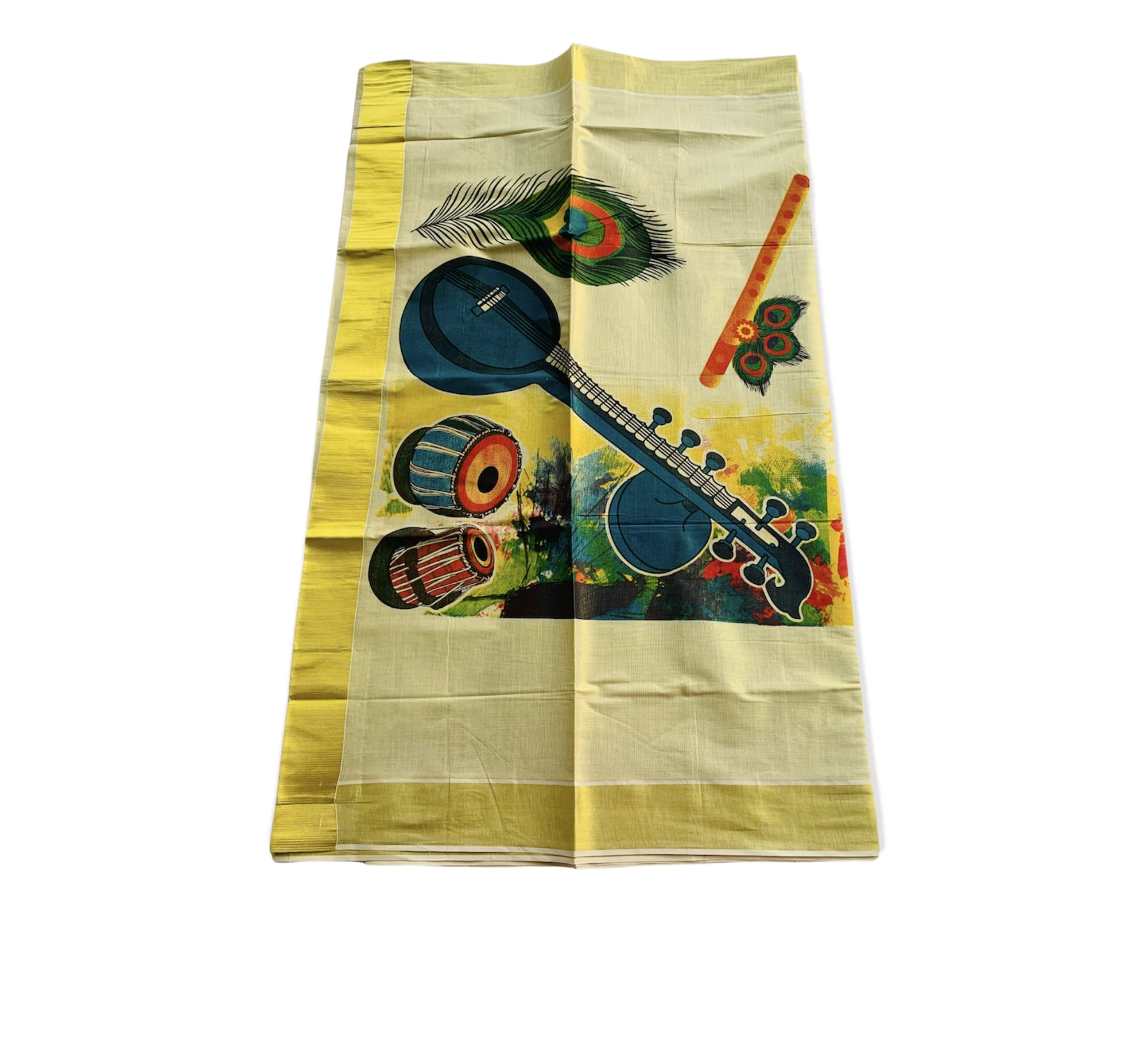 Womens Kuthampully Kerala Kasavu Saree Tissue Mural Painted|Traditional South Indian Saree|Onam Saree - Multi Color Ktm-644