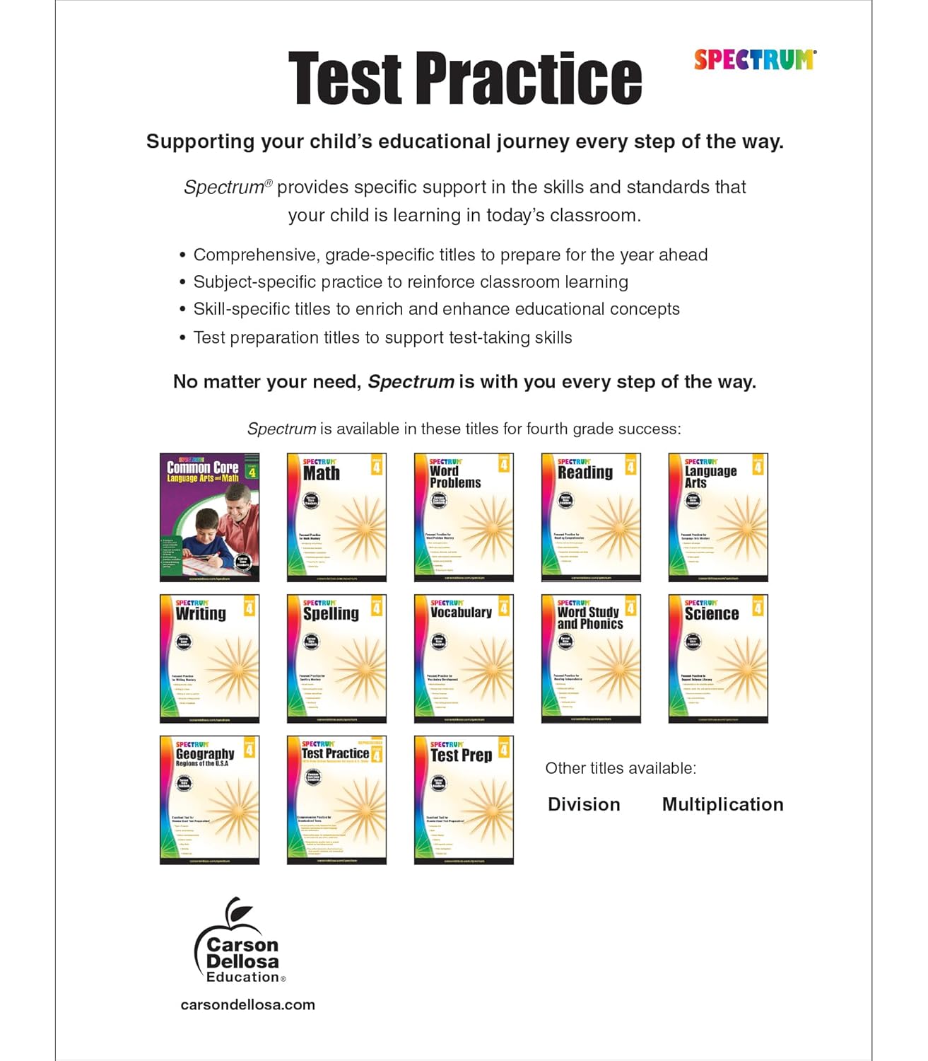 Carson Dellosa Spectrum 4th Grade Test Practice Workbook All Subjects, Ages 9 to 10, Grade 4 Test Practice Math