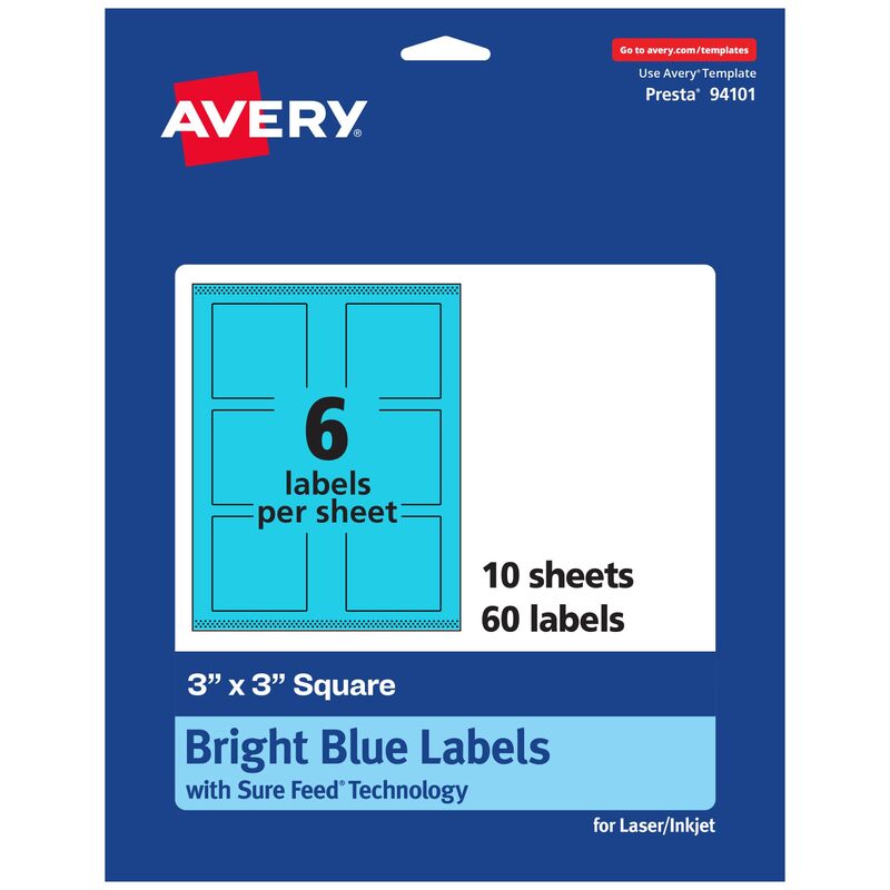 Avery Printable Square Labels, Sure Feed Technology, 3" x 3", Bright Blue Labels, Print-to-The-Edge, Laser/Inkjet Printable, 60 Total, Great for Jars and Packaging 60 labels