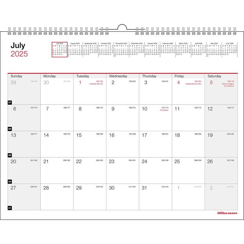 2025-2026 Office Depot® Brand Monthly Academic Wall Calendar, 11" x 8-1/2", 30% Recycled, July 2025 To June 2026