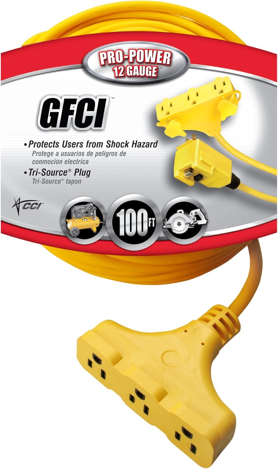 Southwire 120V/15A Right Angle GFCI 12/3 SJEOW 100’ Cord Set with Tri-Source Receptacle