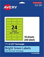 Avery Printable Rectangle Labels, Sure Feed Technology, 1" x 2-1/2", Bright Green, 240