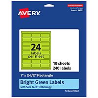 Avery Printable Rectangle Labels, Sure Feed Technology, 1" x 2-1/2", Bright Green, 240