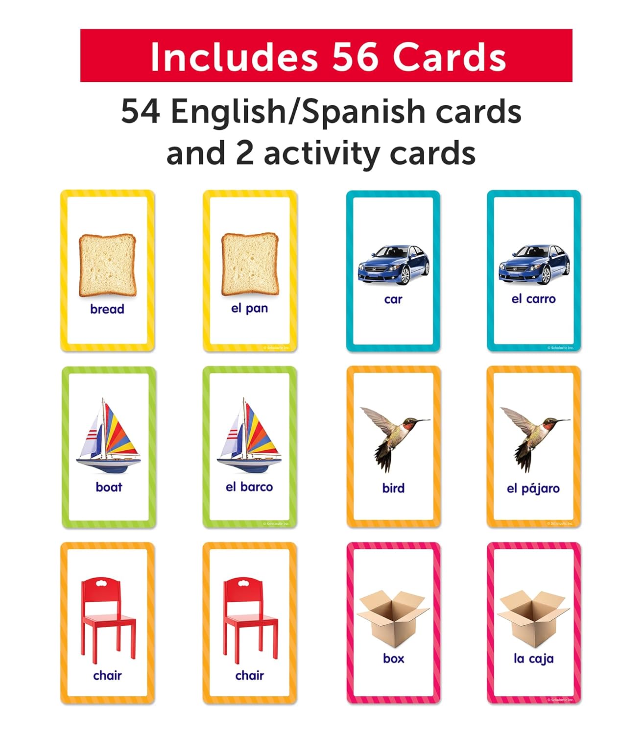 Scholastic English-Spanish First Words Flash Cards, 6-5/16inH x 3-7/16inW, Pre-K, Pack Of 56 Cards