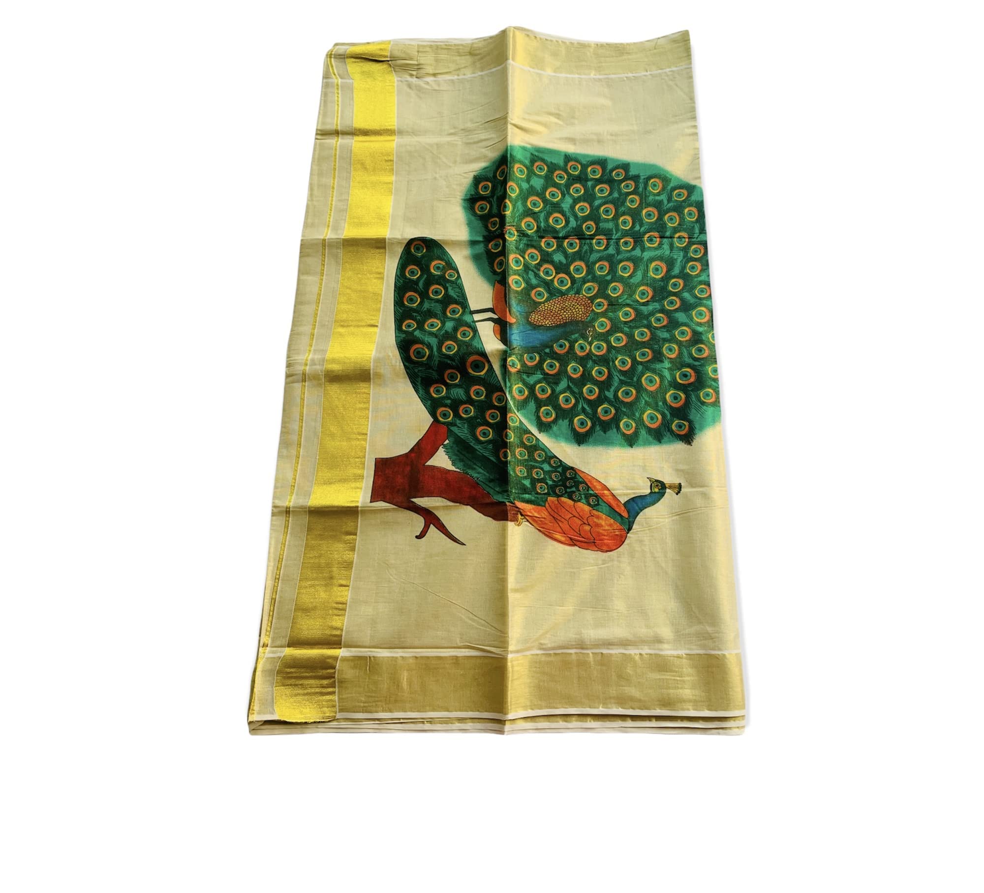 Women's Kuthampully Kerala Kasavu Saree Tissue Mural Painted Peacock with Running Blouse - Multi Color KPSS-758