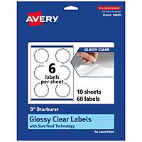Avery Glossy Clear Starburst Labels, Sure Feed technology, 3" Print-to-Edge, Laser/Inkjet Printable