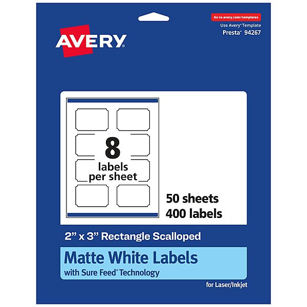 Avery Matte White Scalloped Rectangle Labels, Sure Feed Technology, 2 in x 3 in