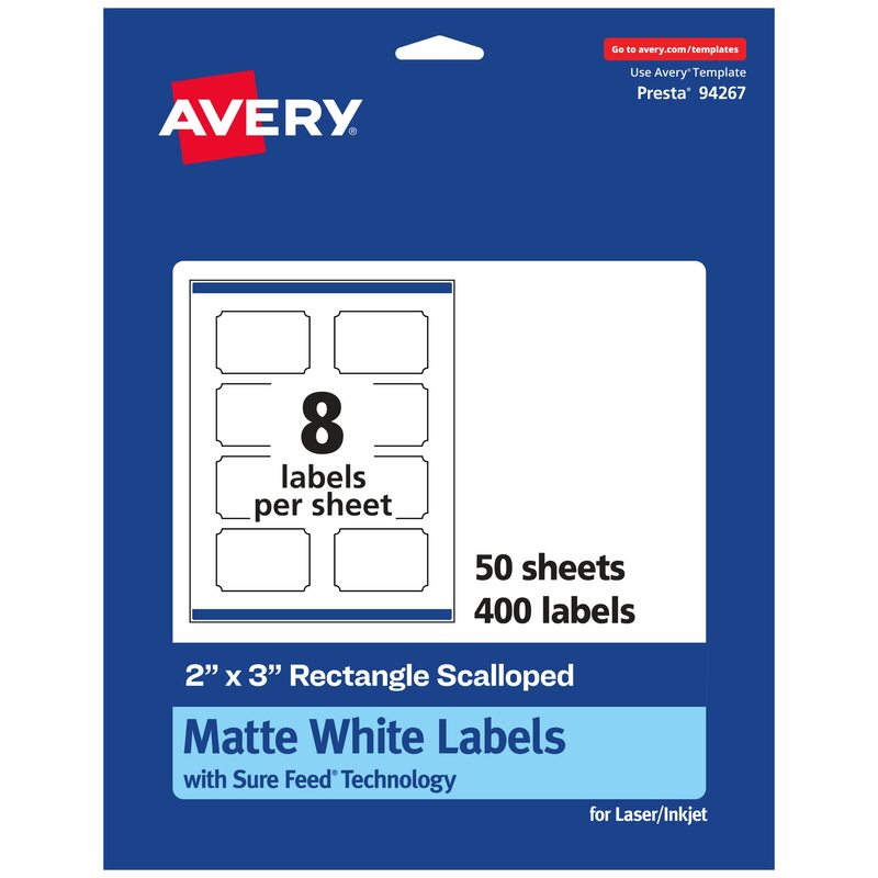 Avery Matte White Scalloped Rectangle Labels, Sure Feed Technology, 2 in x 3 in