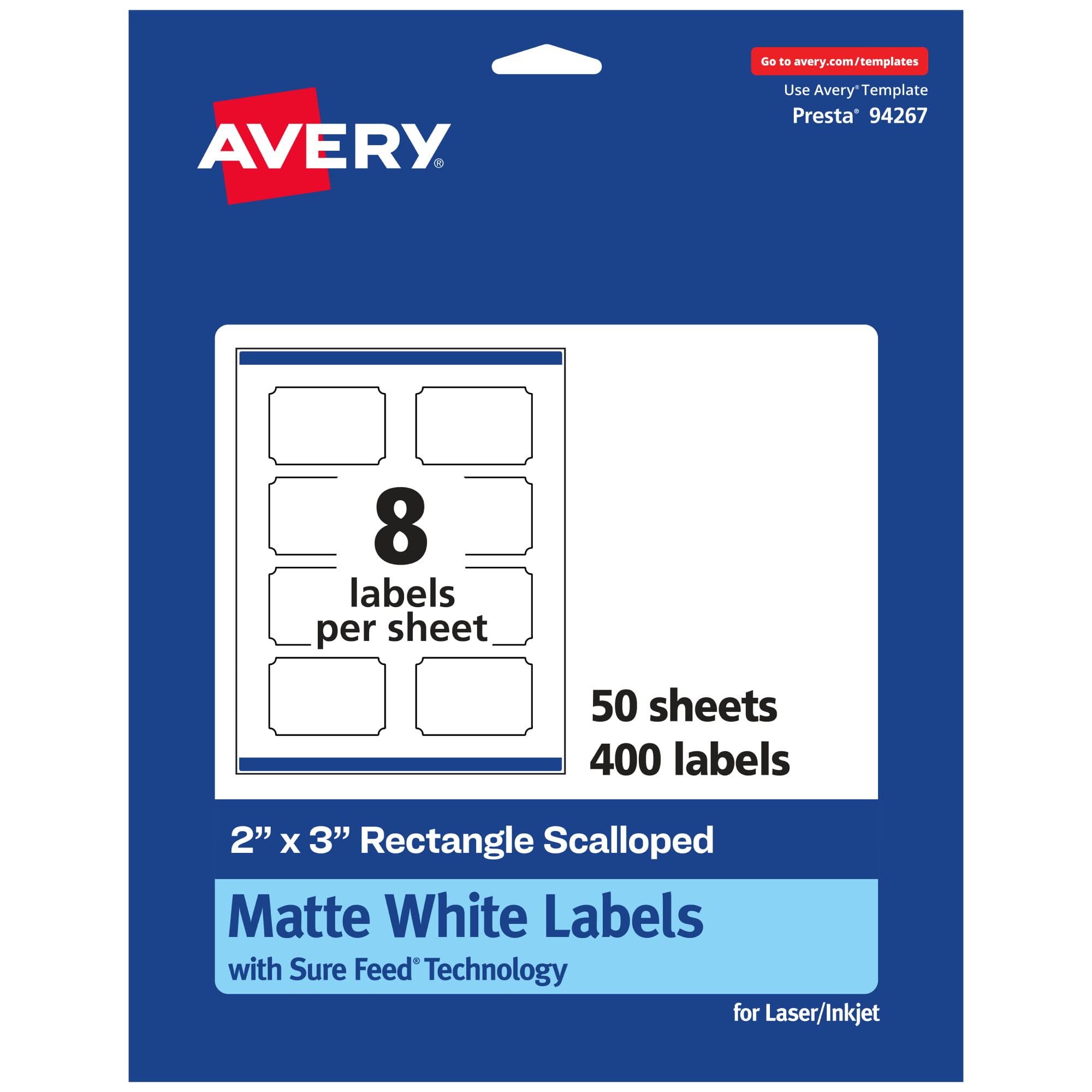 Avery Matte White Scalloped Rectangle Labels, Sure Feed Technology, 2 in x 3 in