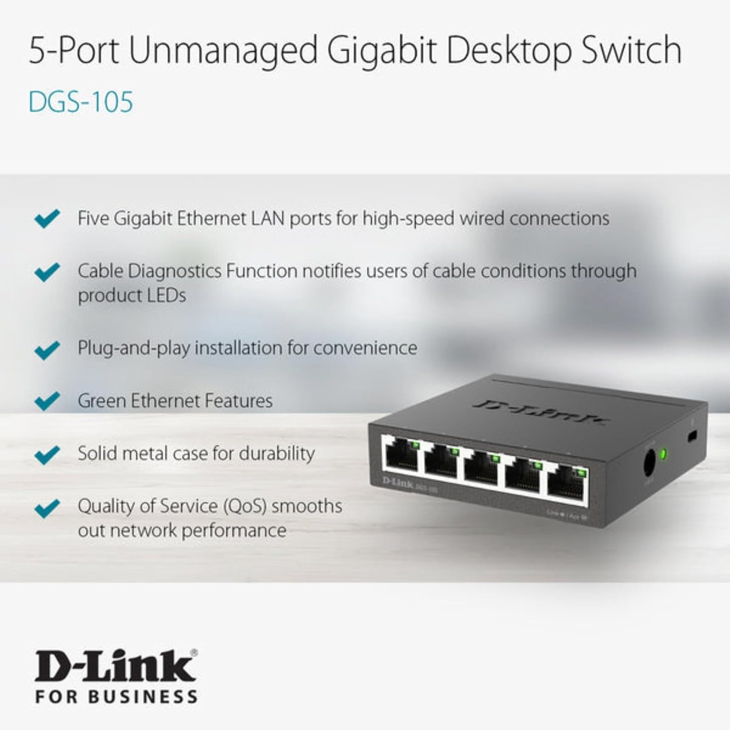 D-Link Gigabit Unmanaged Metal Fan-Free Desktop/Wall-Mount Switch