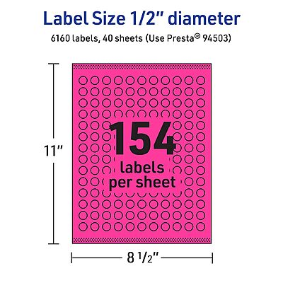 AVERY Printable Round Labels, Sure Feed Technology, 1/2" Diameter, Neon Magenta, Print-to-The-Edge, Laser/Inkjet