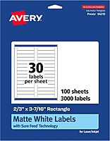 Avery Matte White Rectangle Labels, Sure Feed Technology, 2/3" x 3-7/16"