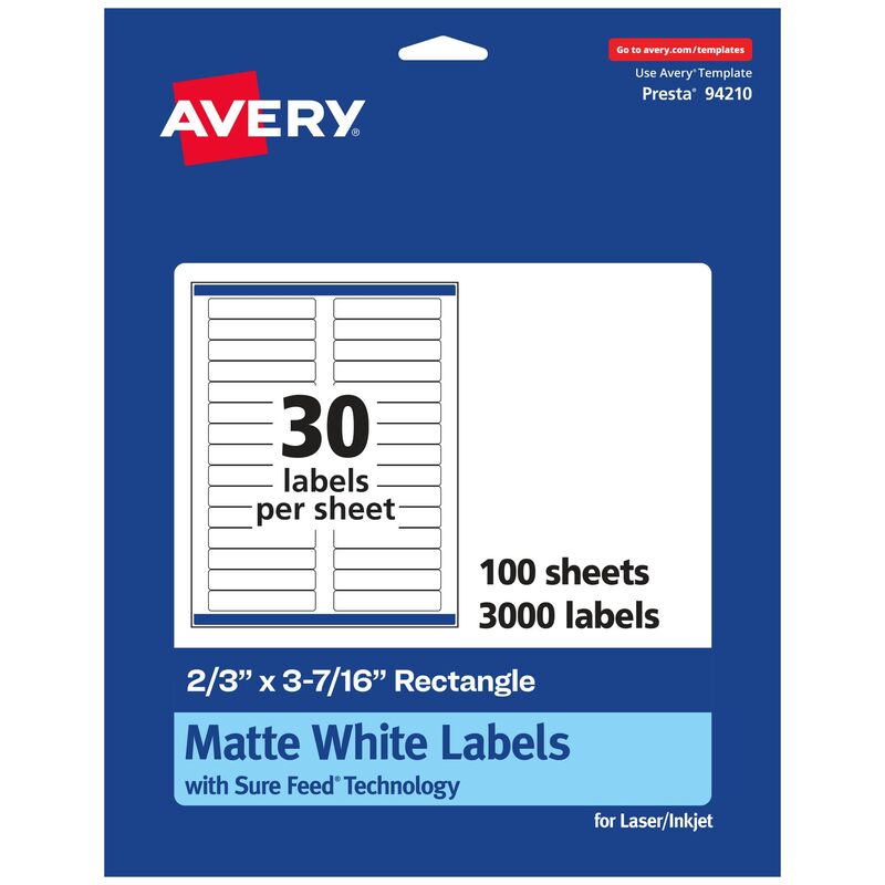 Avery Matte White Rectangle Labels, Sure Feed Technology, 2/3" x 3-7/16"