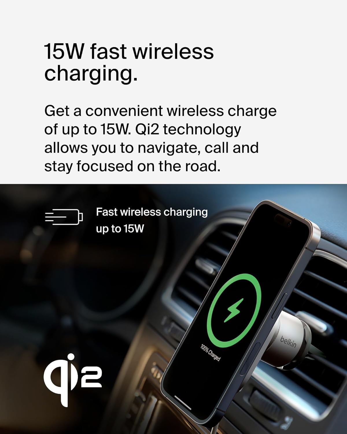 Belkin MagSafe-Compatible Wireless Car Charger with 15W Fast Charging, Powerful Magnetic Vent Holder for iPhone 16, 15, 14
