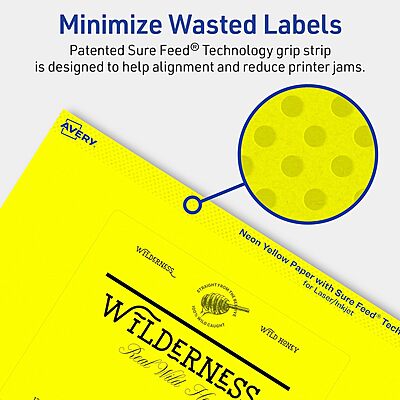 Avery Printable Rectangle Labels, Sure Feed Technology, 4\" x 5\", Neon Yellow, Print-to-The-Edge, Laser/Inkjet Printable