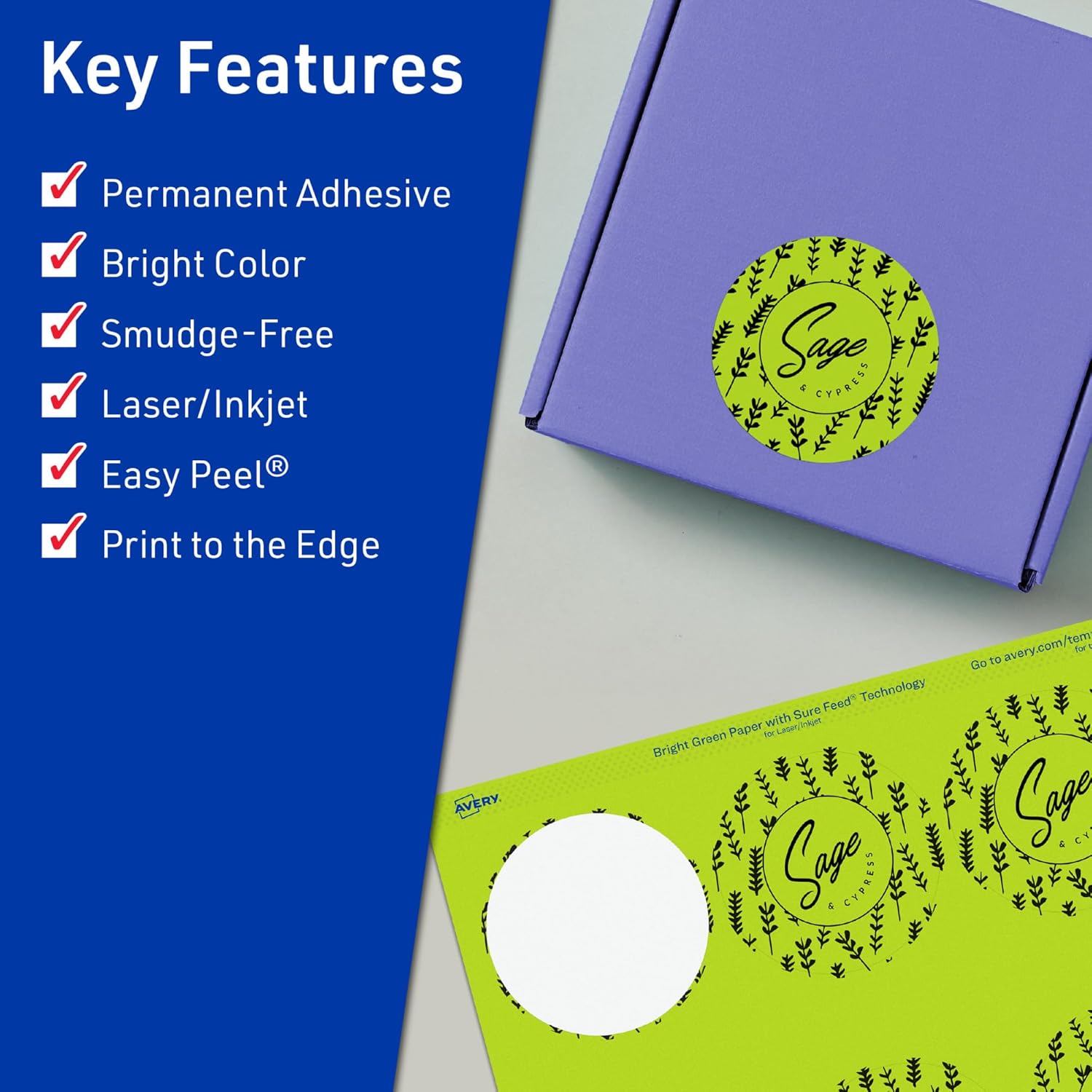 Avery Printable Round Labels, Sure Feed Technology, 2-3/4" Diameter, Bright Green, Print-to-the-Edge, Laser/Inkjet Printable