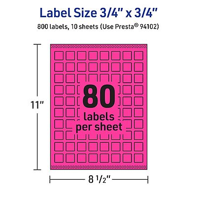 Avery Printable Square Labels, Sure Feed Technology, 3/4 x 3/4, Neon Magenta, Print-to-the-Edge, Laser/Inkjet