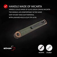 Böker Plus Kaizen Green Canvas Micarta - folding pocket knife with Micarta handle scales - D2 blade - small knife with clip