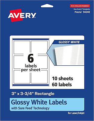 AVERY Glossy White Rectangle Labels, Sure Feed Technology, 3" x 3.75", Print-to-The-Edge, Permanent Adhesive, Laser/Inkjet Printable