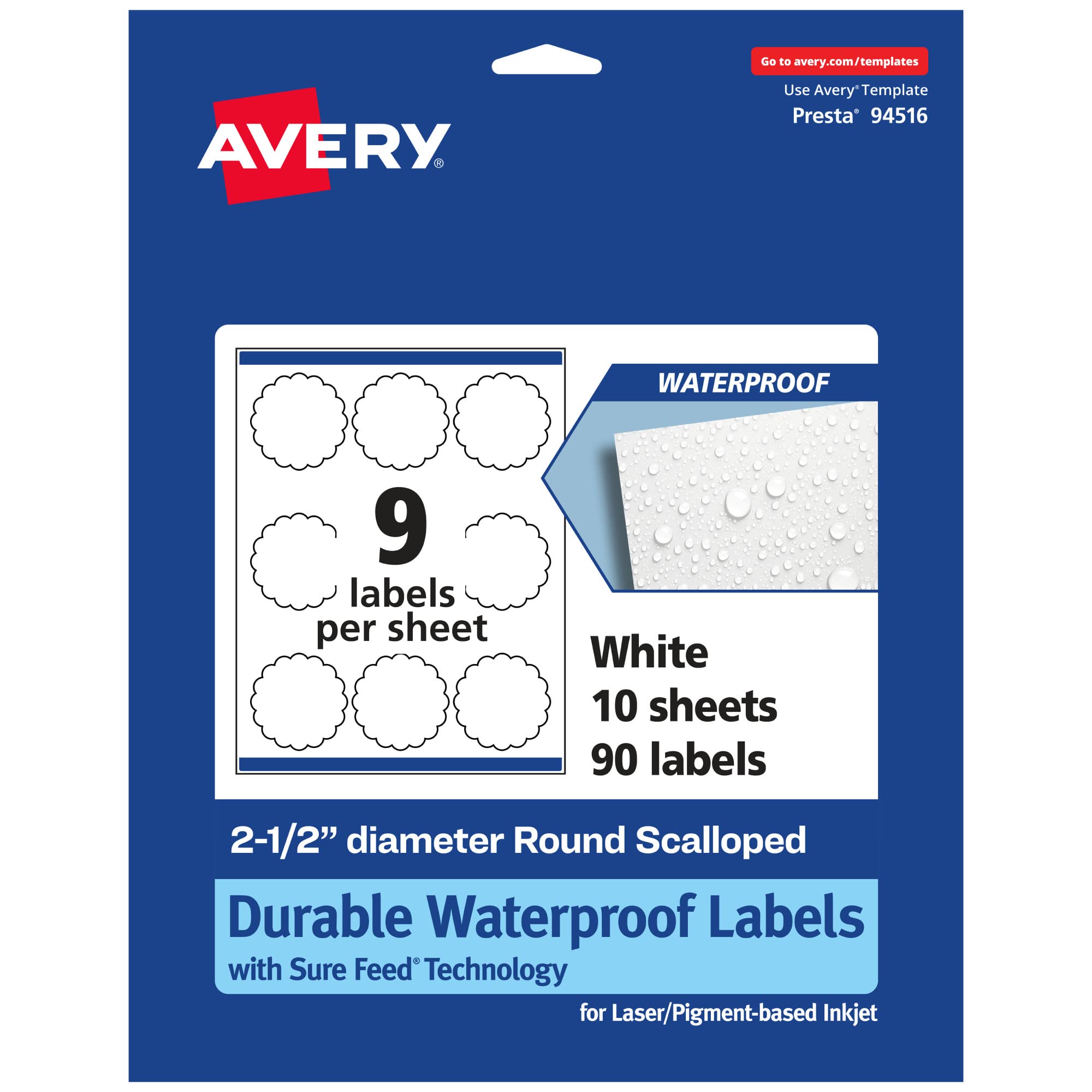 Avery Durable Waterproof Round Scalloped Labels, Sure Feed Technology, 2.5" Diameter