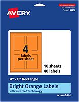 Avery Printable Rectangle Labels, Sure Feed Technology, 4" x 3", Bright Orange Labels, Print-to-The-Edge, Laser/Inkjet Printable, 40 Total, Great for Shipping and Packaging 40 labels