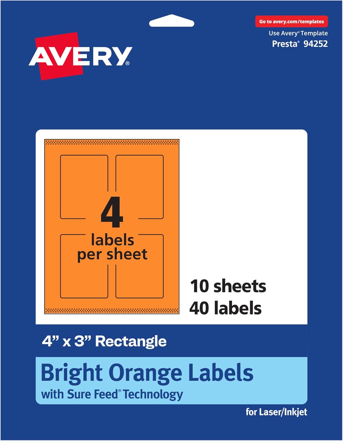 Avery Printable Rectangle Labels, Sure Feed Technology, 4" x 3", Bright Orange Labels, Print-to-The-Edge