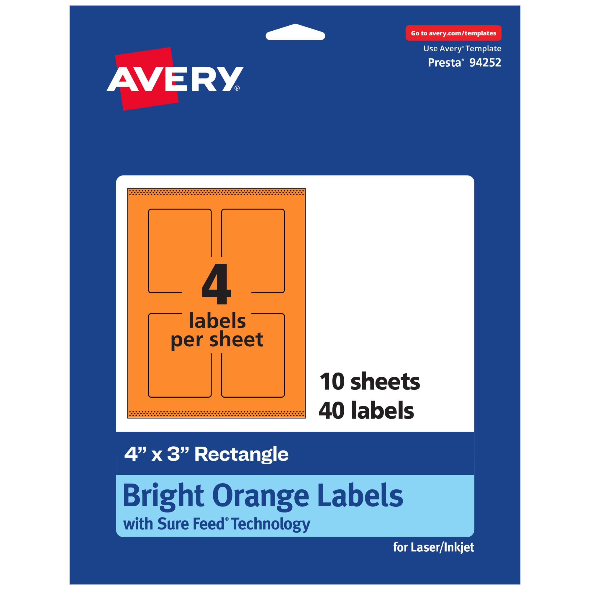 Avery Printable Rectangle Labels, Sure Feed Technology, 4" x 3", Bright Orange Labels, Print-to-The-Edge