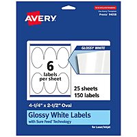 Avery Glossy White Oval Labels, Sure Feed Technology, 4.25" x 2.5", Permanent Adhesive, Laser/Inkjet Printable