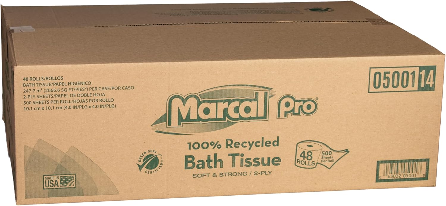 Marcal PRO 5001 100% Recycled Two-Ply Bath Tissue, White, 500 Sheets/Roll, 48 Rolls/Carton