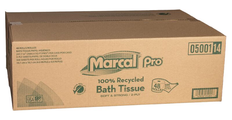 Marcal PRO 5001 100% Recycled Two-Ply Bath Tissue, White, 500 Sheets/Roll, 48 Rolls/Carton