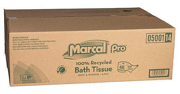 Marcal PRO 5001 100% Recycled Two-Ply Bath Tissue, White, 500 Sheets/Roll, 48 Rolls/Carton