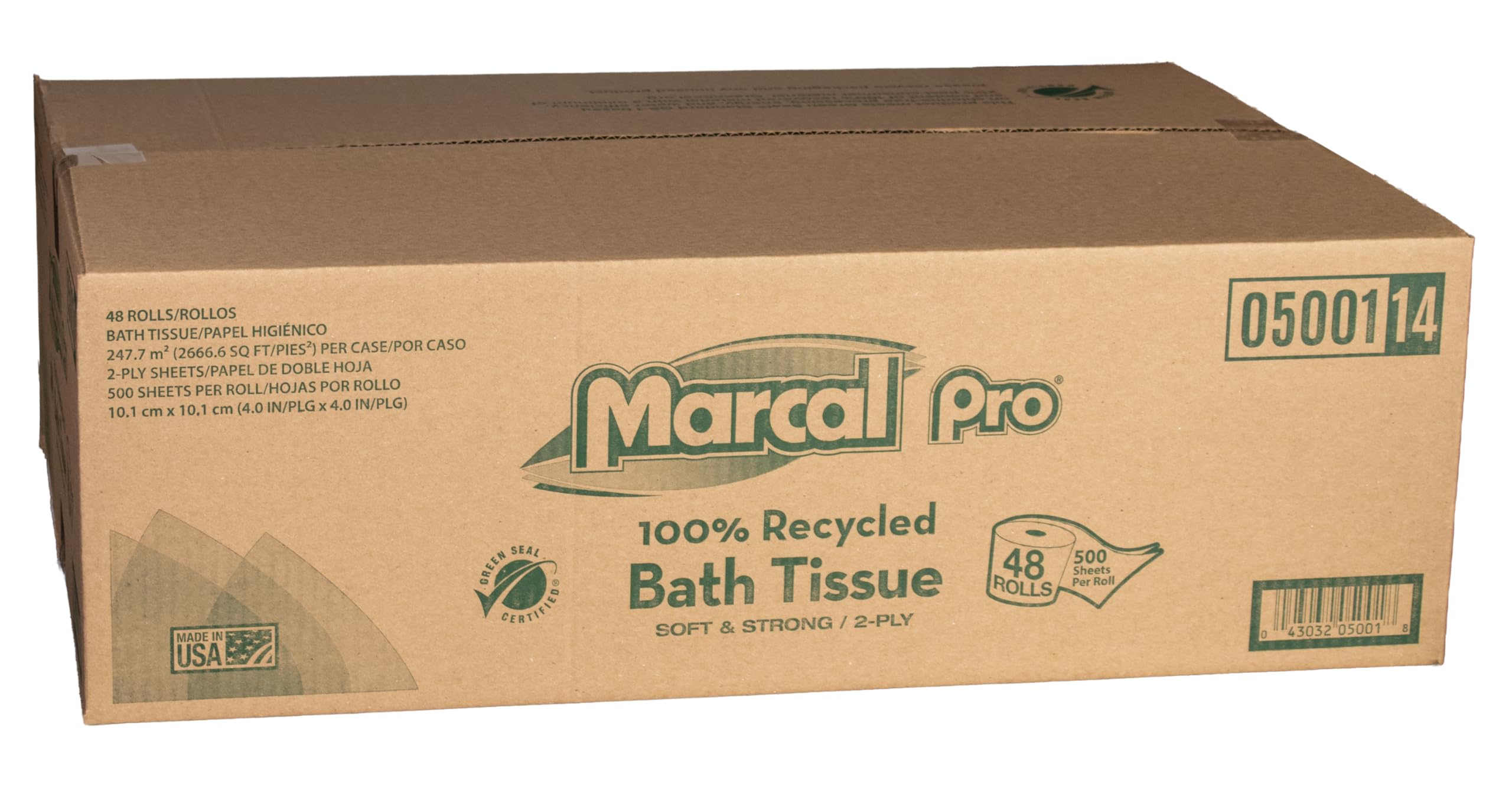 Marcal PRO 5001 100% Recycled Two-Ply Bath Tissue, White, 500 Sheets/Roll, 48 Rolls/Carton