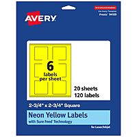 Avery Printable Square Labels, Sure Feed Technology, 2-3/4" x 2-3/4", Neon Yellow, Print-to-The-Edge, Laser/Inkjet