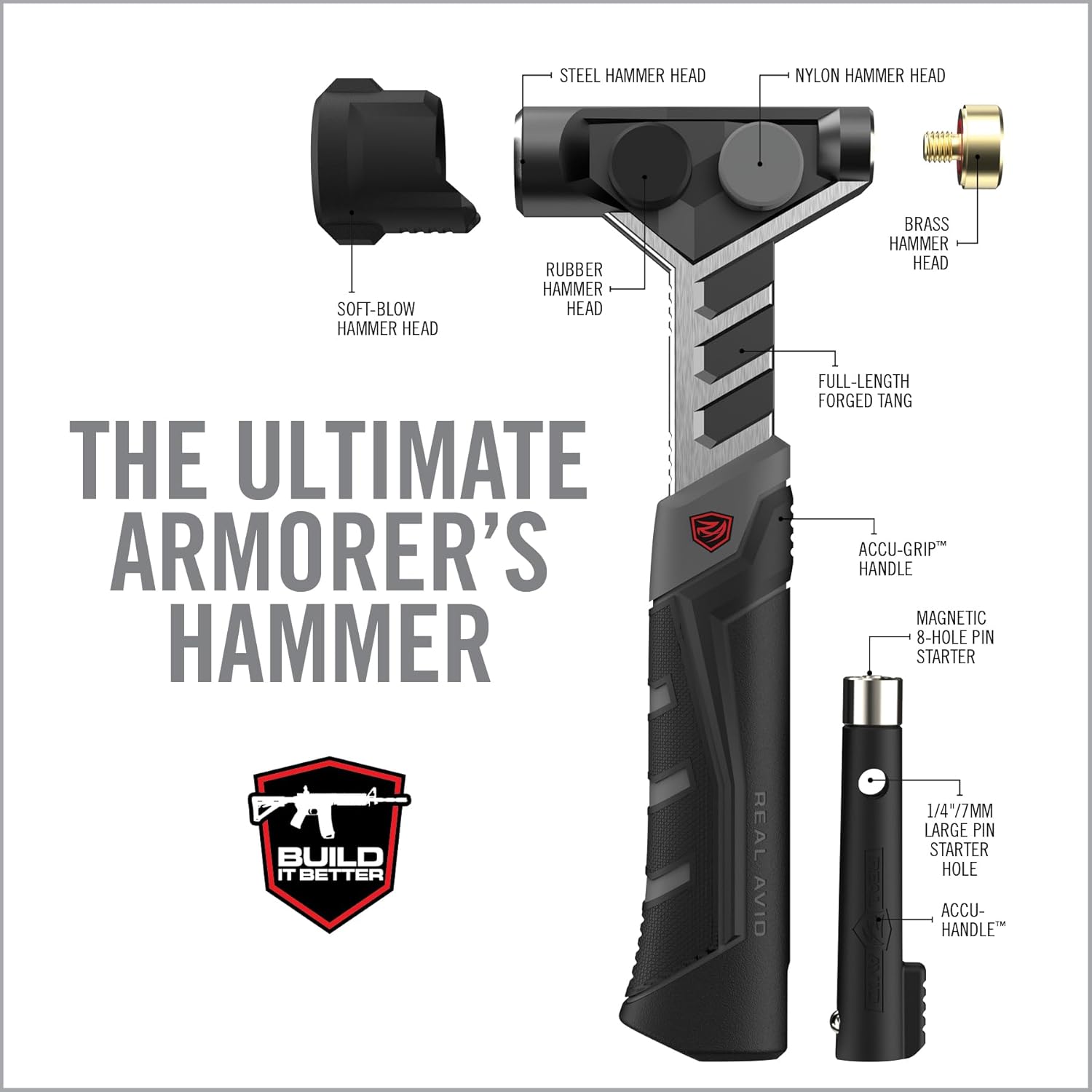 Real Avid Armorer's Master Hammer - 20 Ounce 9-1/2" Hammer with Changing Heads Including Soft Blow, Steel