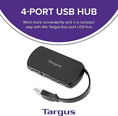 Targus 4-Port USB 2.0 Hub, Black - Compatible with PC and Mac, Sleek and Travel Friendly (ACH114US)