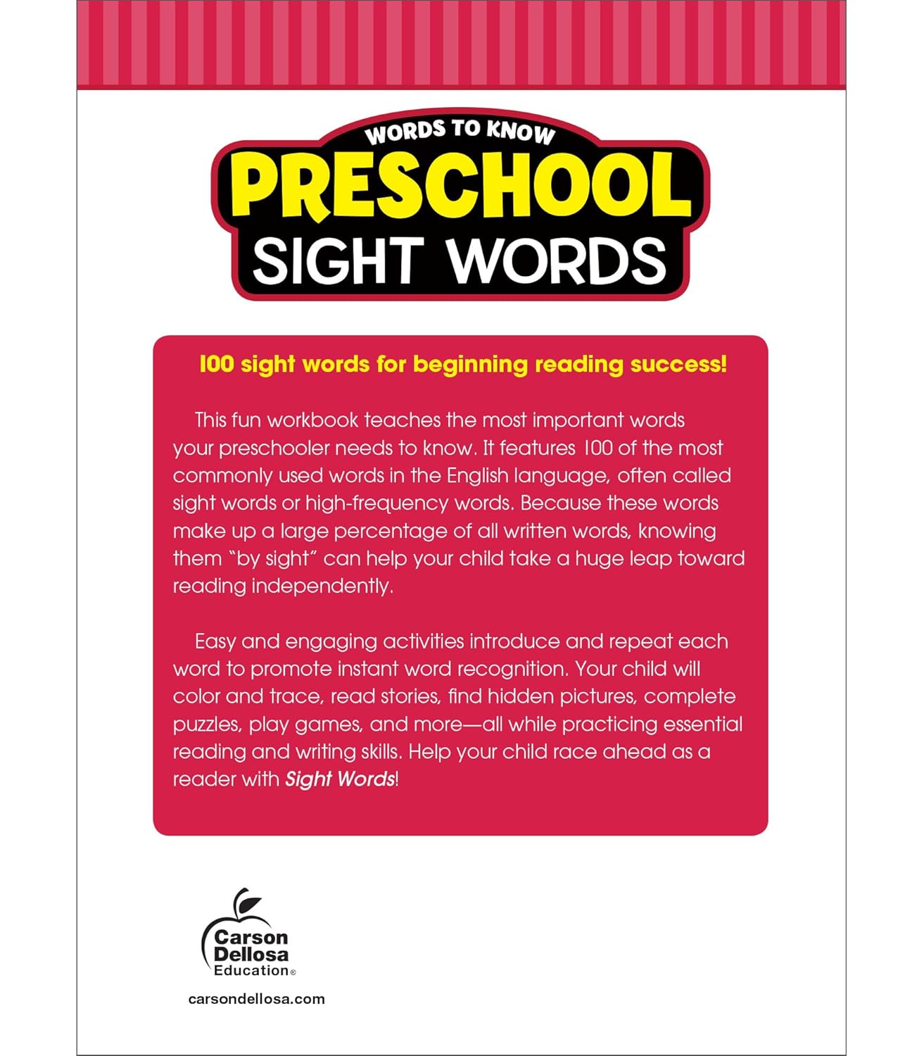 Words to Know Sight Words Preschool Workbook—Reading Activities, Games, Puzzles, Flash Cards