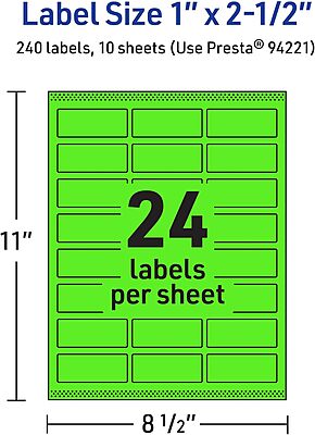 Avery Printable Rectangle Labels, Sure Feed Technology, 1\" x 2-1/2\", Neon Green, Laser/Inkjet Printable
