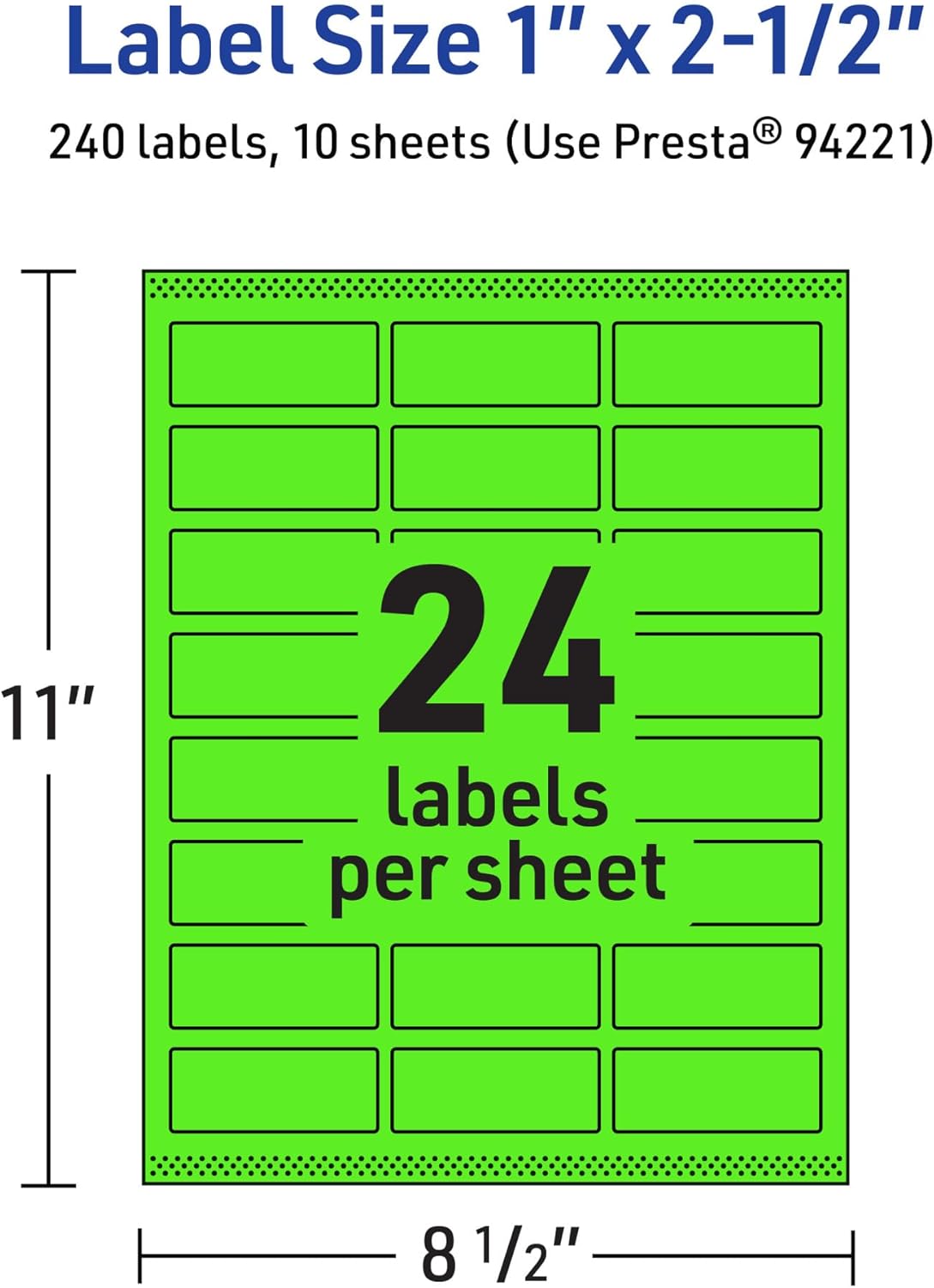Avery Printable Rectangle Labels, Sure Feed Technology, 1\" x 2-1/2\", Neon Green, Laser/Inkjet Printable