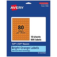 Avery Printable Square Labels, Sure Feed Technology, 3/4" x 3/4", Bright Orange, Print-to-The-Edge, Laser/Inkjet