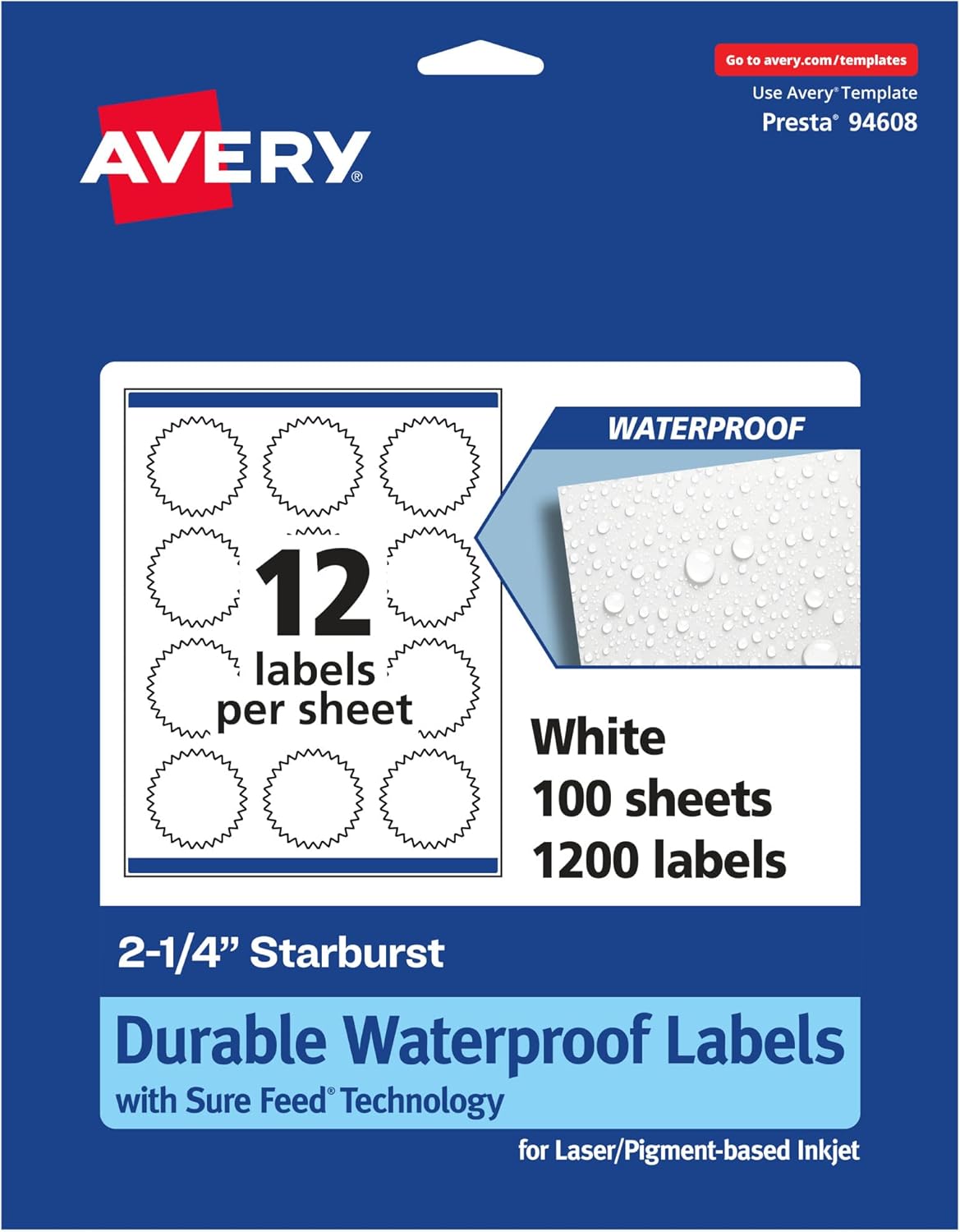 Avery Durable Waterproof Starburst Labels, Sure Feed Technology, 2.25"