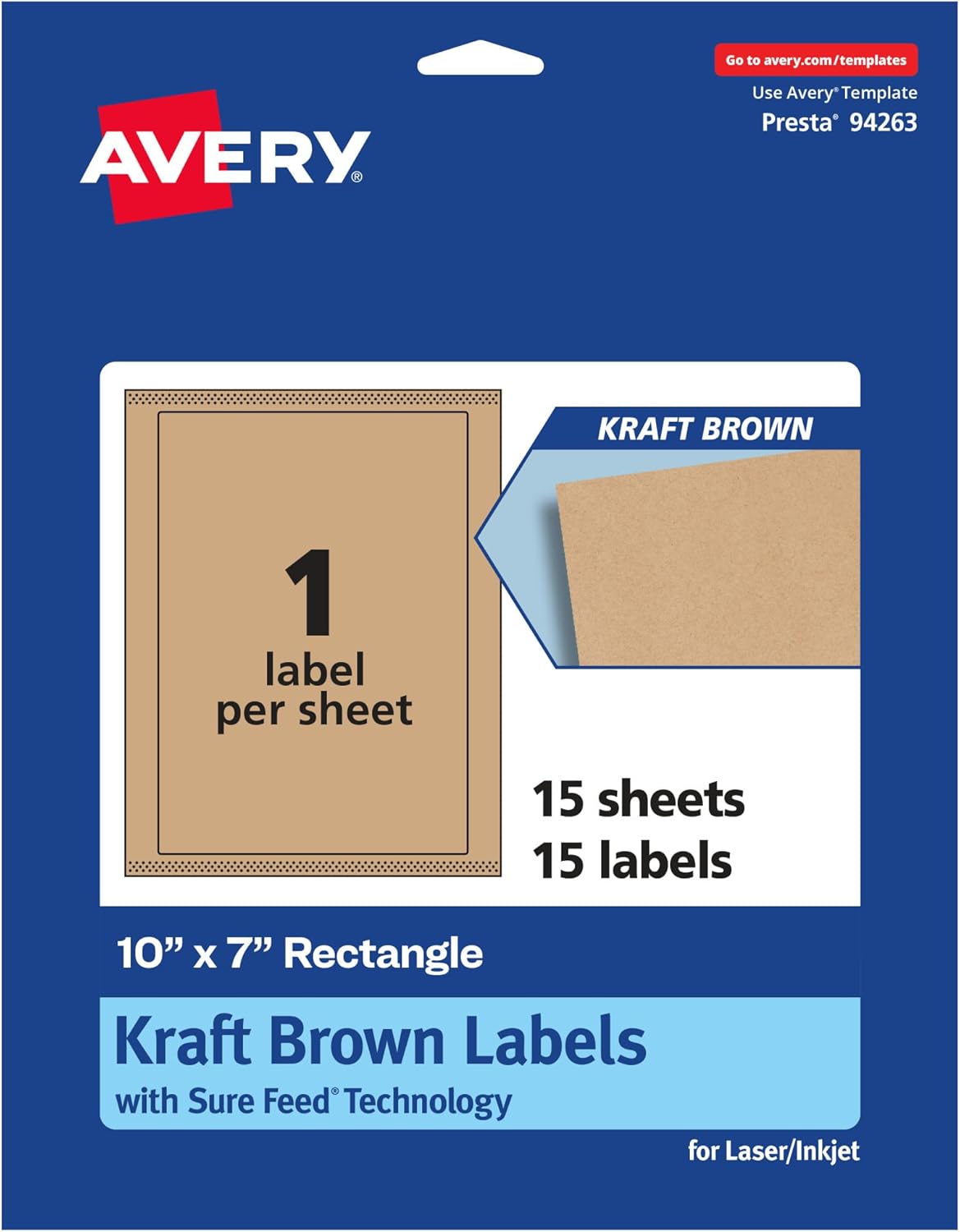Avery Kraft Brown Rectangle Labels, Sure Feed Technology, 10" x 7", 15 Kraft Brown Labels, Laser/Inkjet Printable 15 labels
