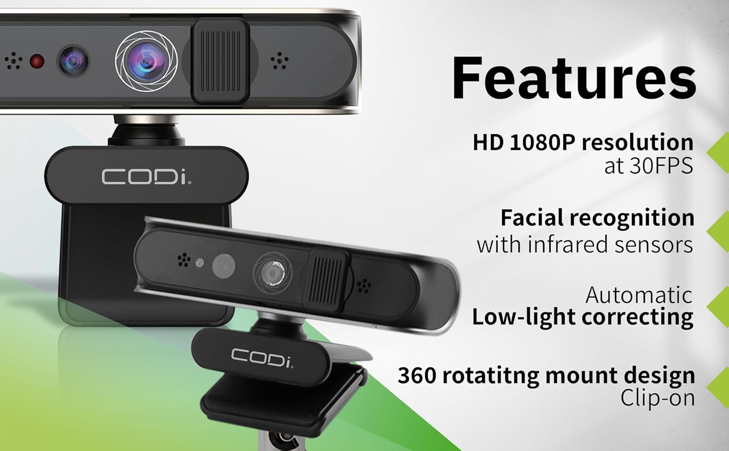 CODi Allocco HD 1080P Windows Hello Webcam with IR Facial Recognition & Noise-Canceling Mic – Autofocus, USB-A, Tripod Mount