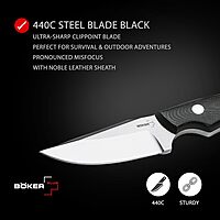 Boker Plus J-Bite - Fixed Blade Knife with Leather Sheath & G10 Handle Scales - Large Outdoor Knife with 440C Blade